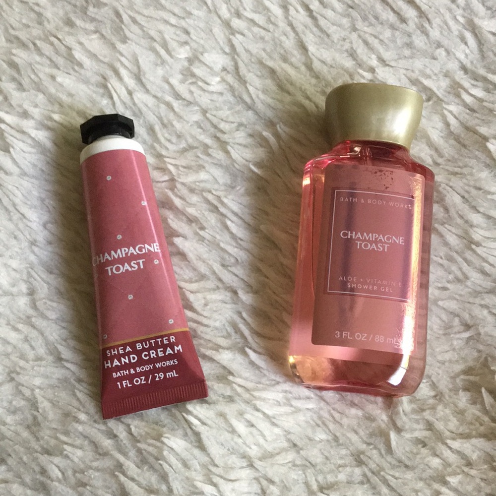 Champagne Toast shea hand cream and travel body wash.